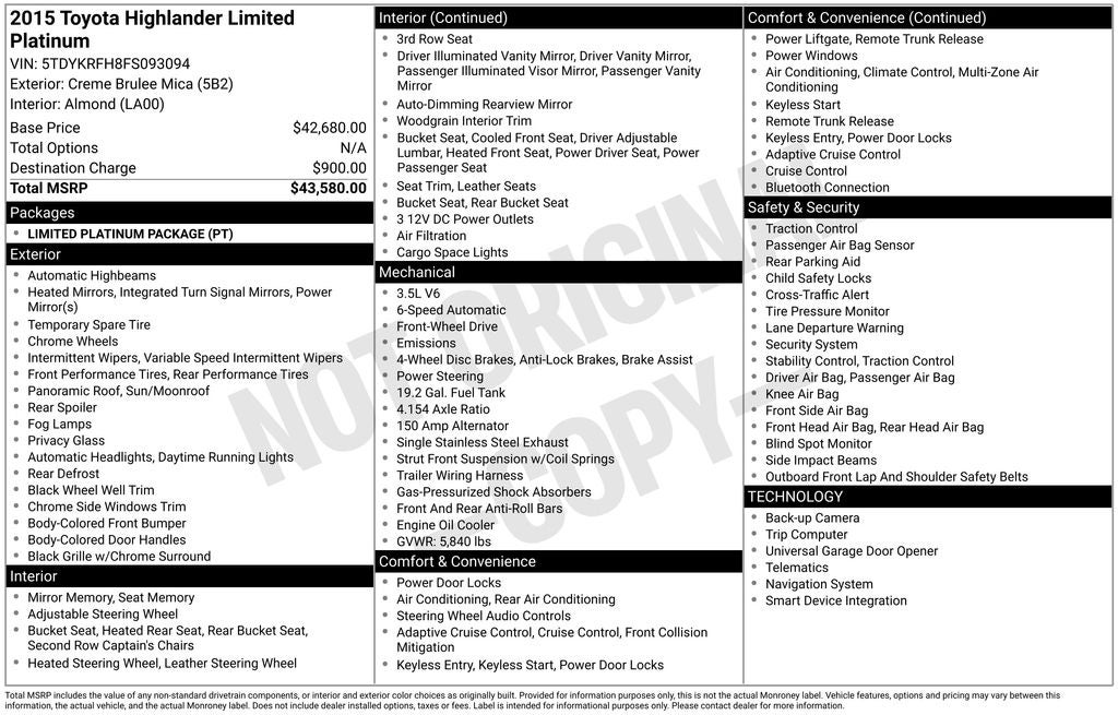 2015 Toyota HIGHLANDER Limited Platinum V6
